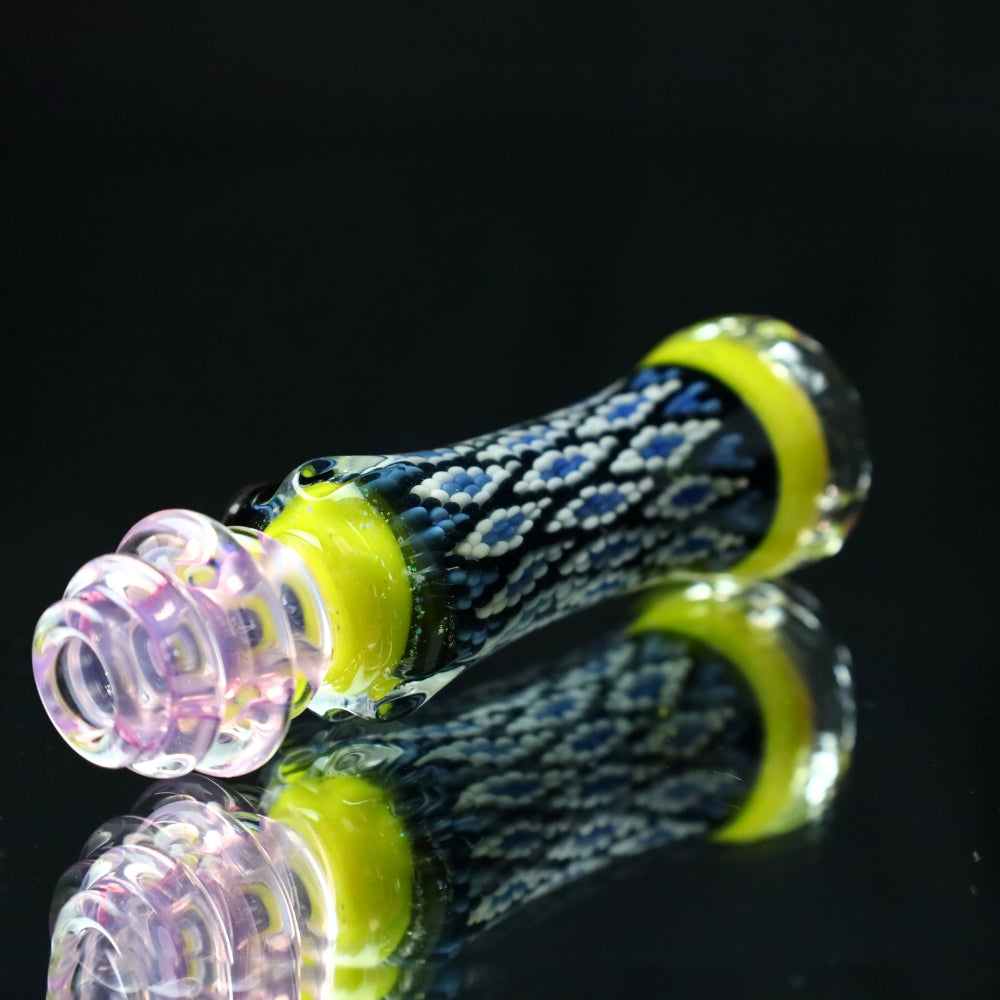 Rotational Science Glass Cold Worked & Faceted Peyote Stich Chillum #22 / PNK/YLW