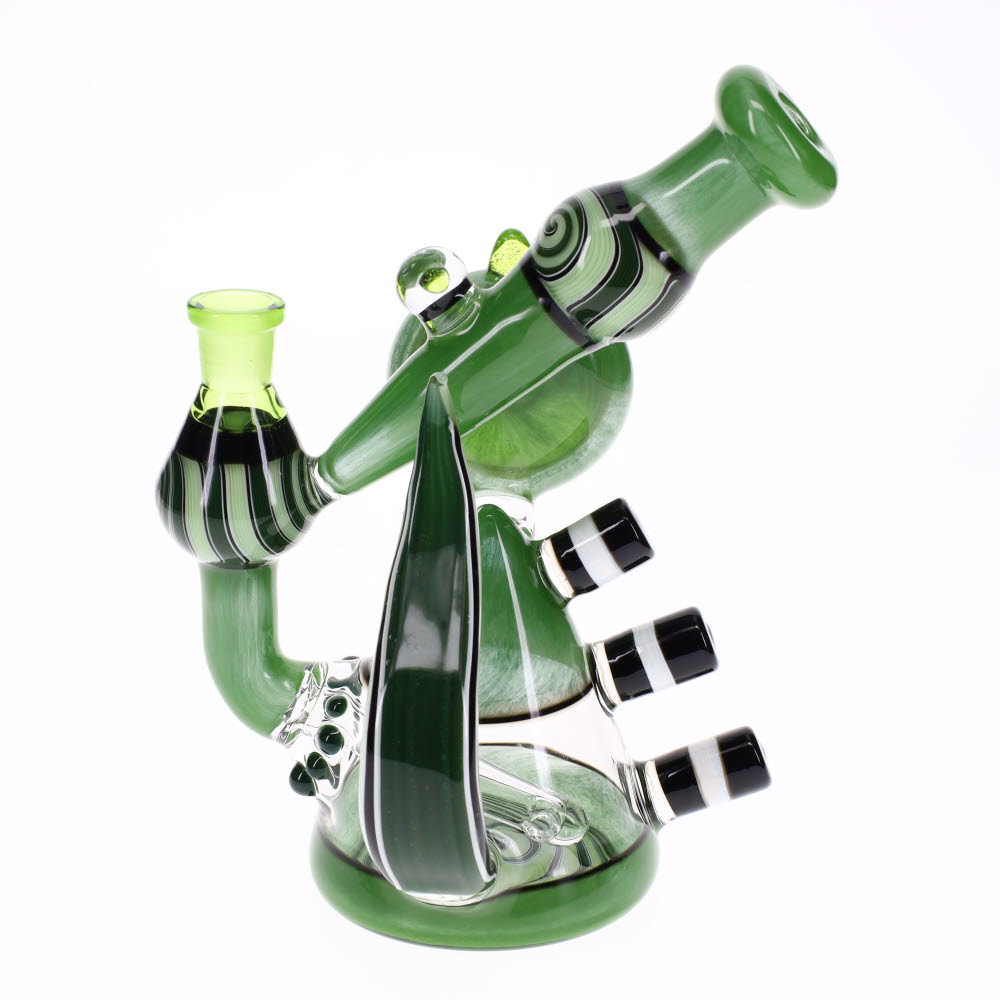 Hilljack Glass Light Green and Dark Green Worked Bubbler