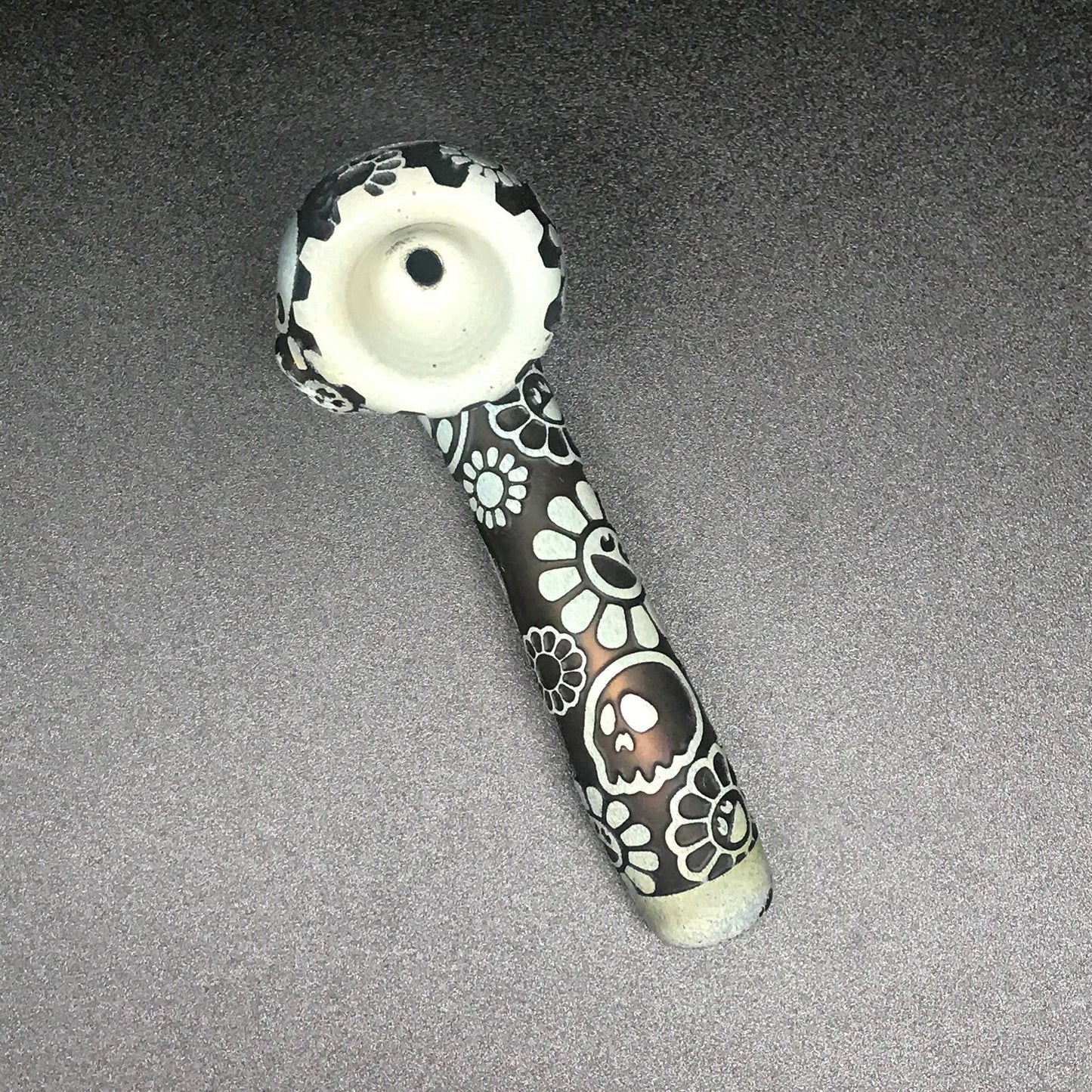 Joe Palmero Glass Deep Carve Smiley Floral Skull Pipe