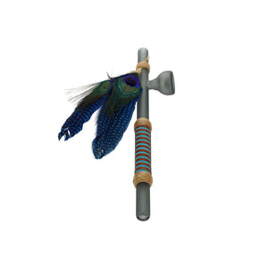 Owls Feather Glass Large Grey Peace Pipe with Peacock Feathers