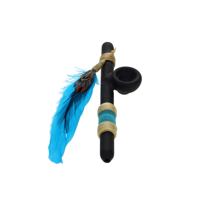 Owls Feather Glass Small Black Peace Pipe with Blue Feather & Wrap