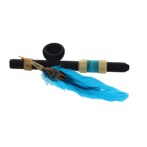 Owls Feather Glass Small Black Peace Pipe with Blue Feather & Wrap