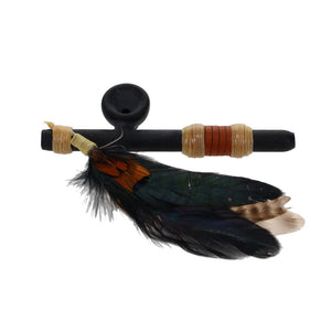 Owls Feather Glass Small Black Peace Pipe with Shiny Feathers