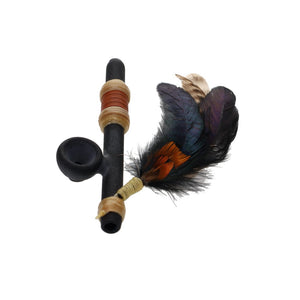 Owls Feather Glass Small Black Peace Pipe with Shiny Feathers