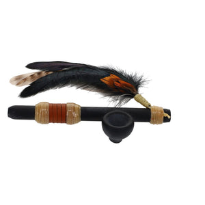 Owls Feather Glass Small Black Peace Pipe with Shiny Feathers