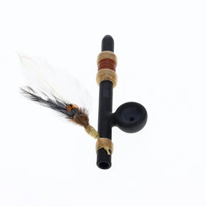 Owls Feather Glass Small Black Peace Pipe with White Feather