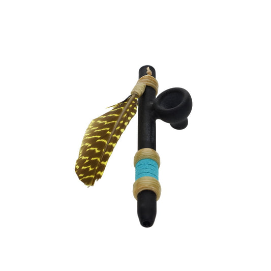 Owls Feather Glass Small Black Peace Pipe with Yellow Spot Feather