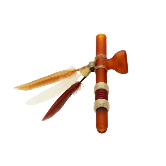 Owls Feather Glass Small Brown Peace Pipe with 3 Feathers