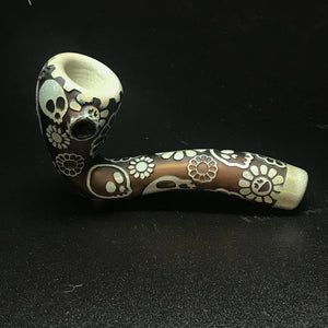Joe Palmero Glass Deep Carve Smiley Floral Skull Pipe